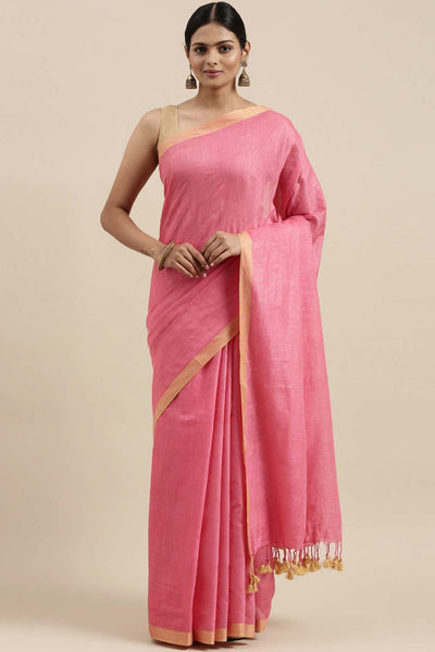 Buy Pink Solid Linen Blend One Minute Saree Online