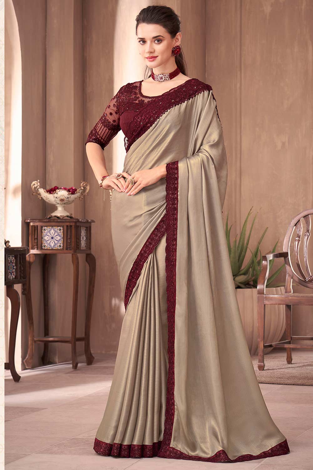 Buy Bina Beige Georgette Embellished One Minute Saree Online - One Minute Saree