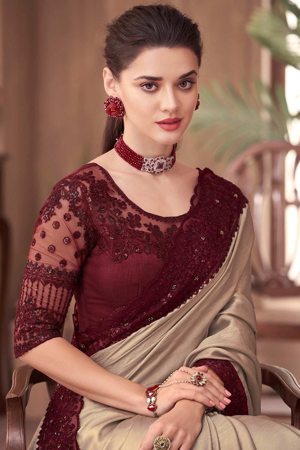 Shop Bina Beige Georgette Embellished One Minute Saree at best offer at our  Store - One Minute Saree