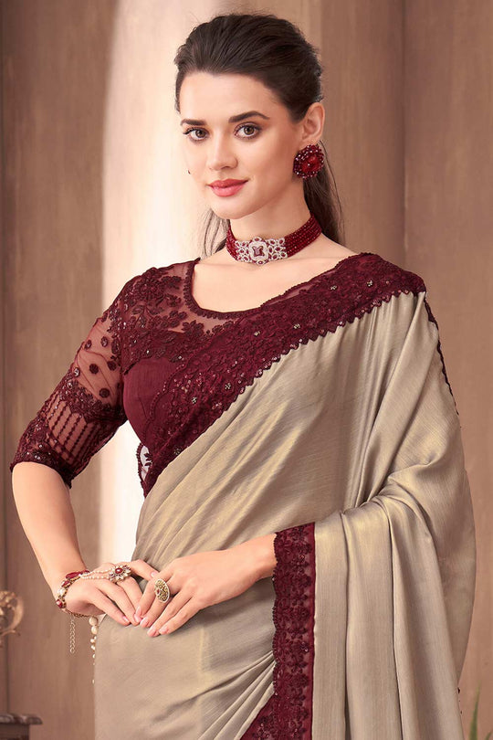 Buy Bina Beige Georgette Embellished One Minute Saree Online