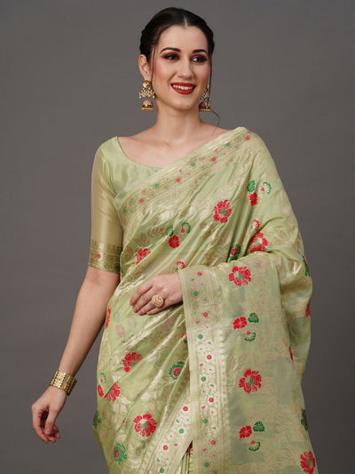 Buy Rosa Lime Green Organza Banarasi One Minute Saree Online