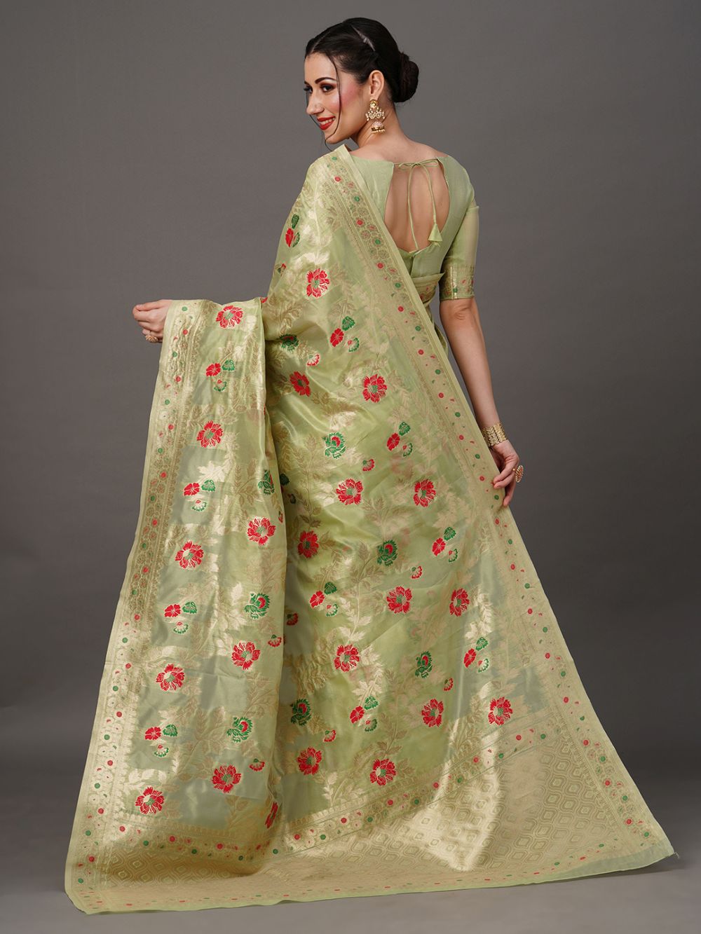 Buy Rosa Lime Green Organza Banarasi One Minute Saree Online - Back