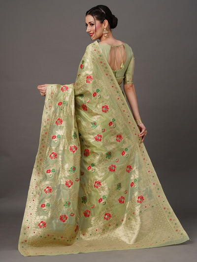 Buy Rosa Lime Green Organza Banarasi One Minute Saree Online - Back