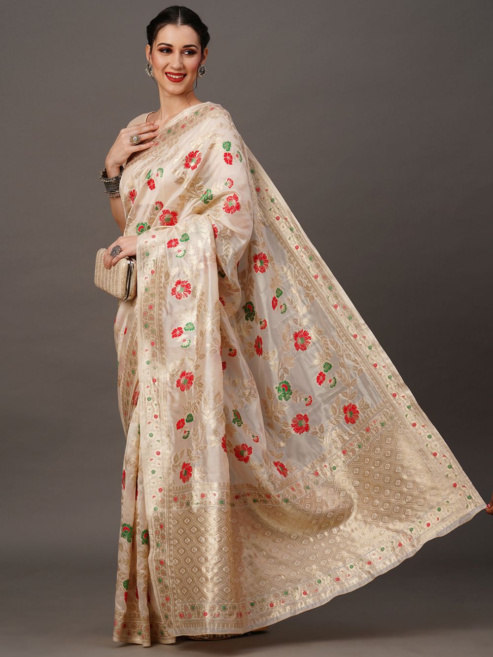 Buy Rosa Beige Organza BanarasiOne Minute Saree Online - Front