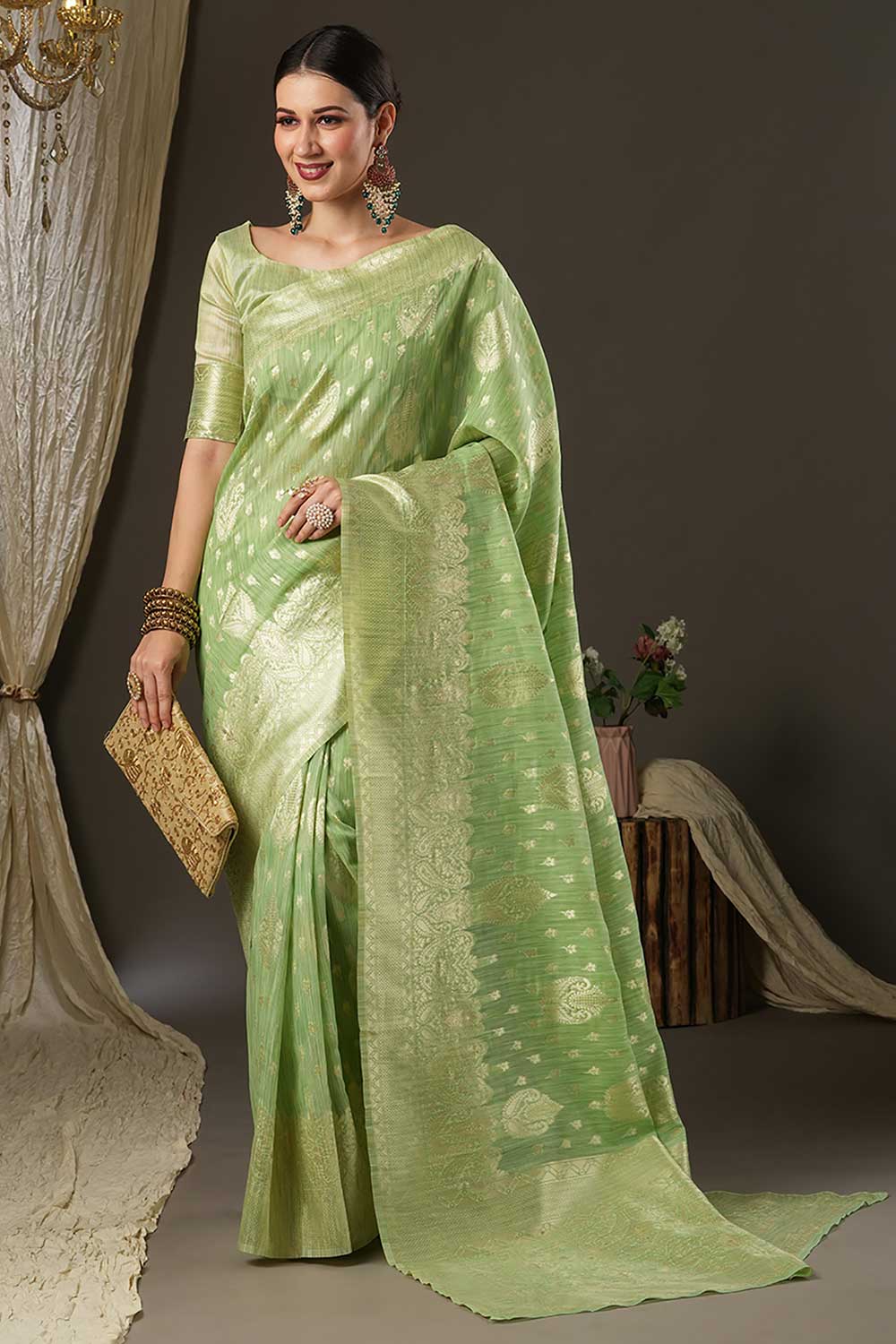 Buy Jenny Light Green Cotton Muga One Minute Saree Online - Side