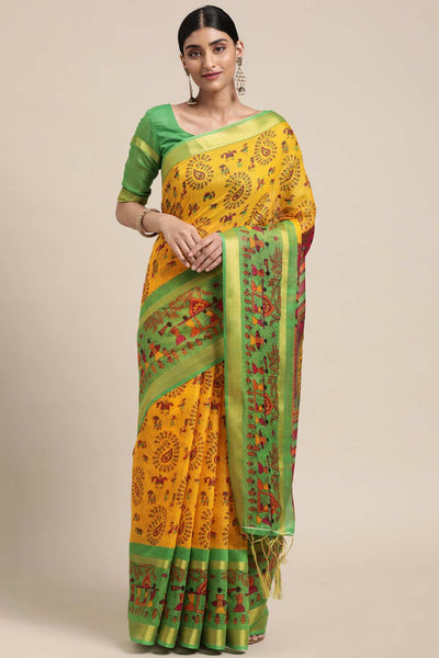 Buy Marni Yellow Linen Blend Warli Print One Minute Saree Online - One Minute Saree
