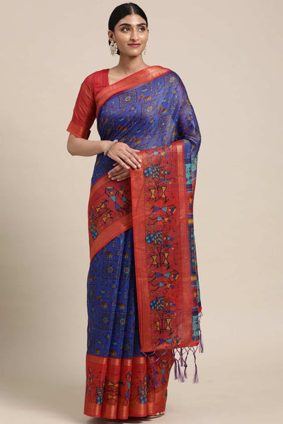 Buy Luchy Blue Linen Blend Warli Print Taant One Minute Saree Online - One Minute Saree