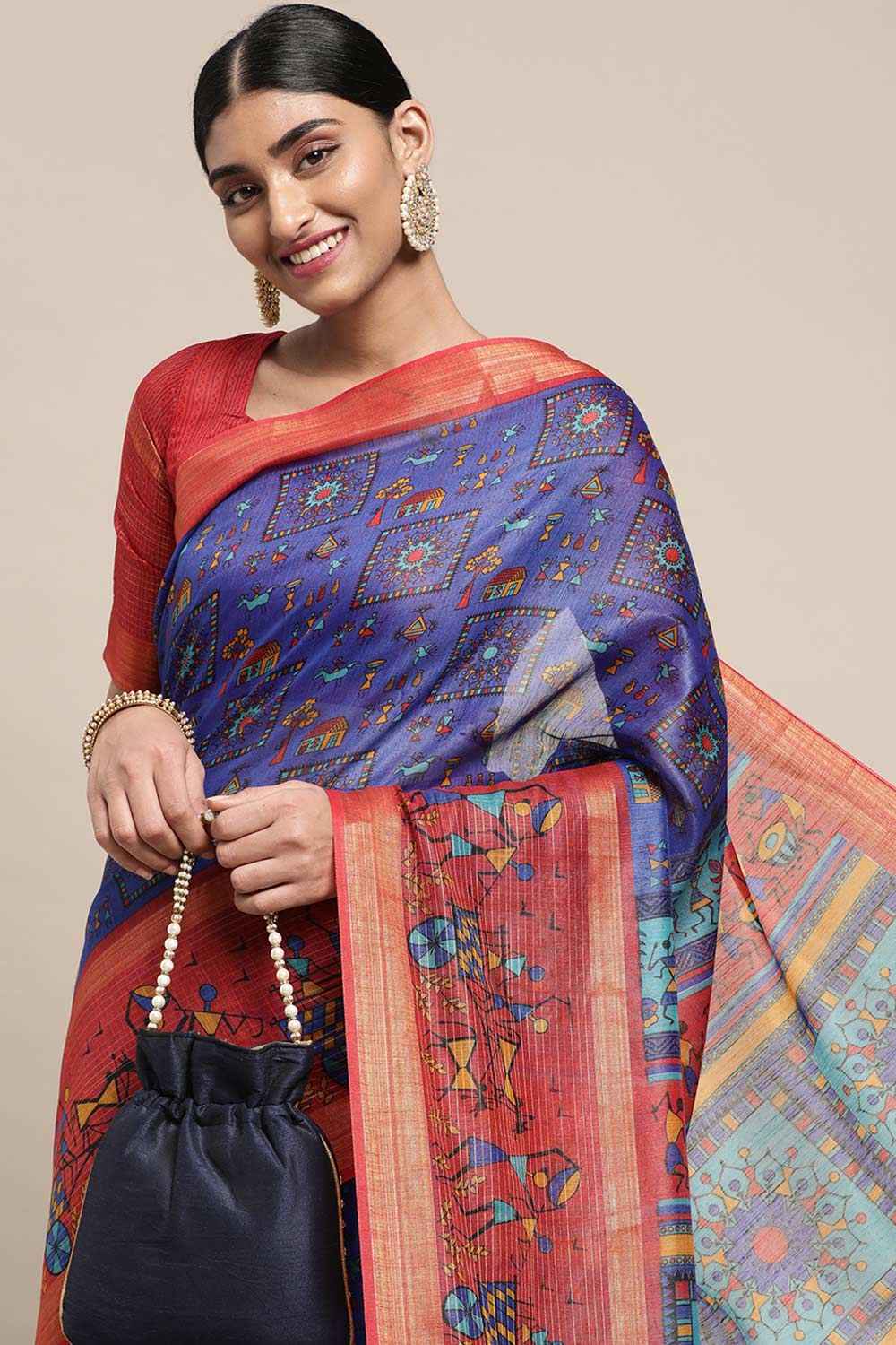 Buy Luchy Blue Linen Blend Warli Print Taant One Minute Saree Online - Back