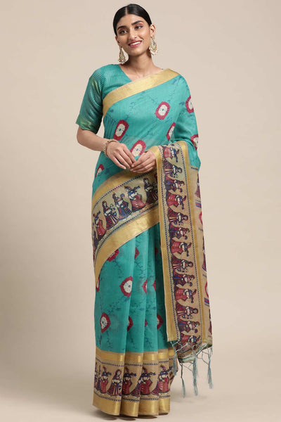 Buy Jana Teal Blue Linen Blend Bandhani One Minute Saree Online - One Minute Saree