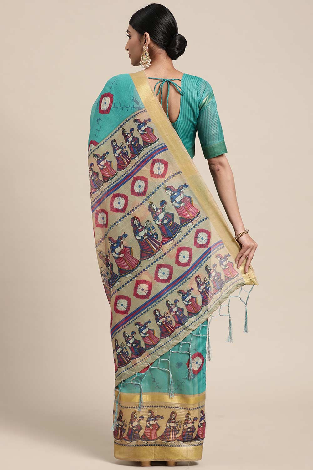 Shop Jana Teal Blue Linen Blend Bandhani One Minute Saree at best offer at our  Store - One Minute Saree