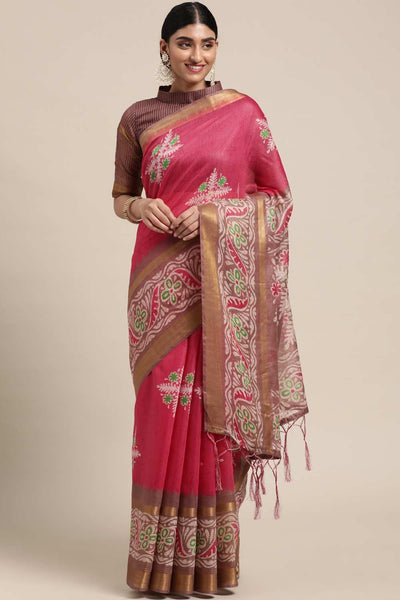 Buy Pulki Pink Linen Blend Floral Taant One Minute Saree Online - One Minute Saree
