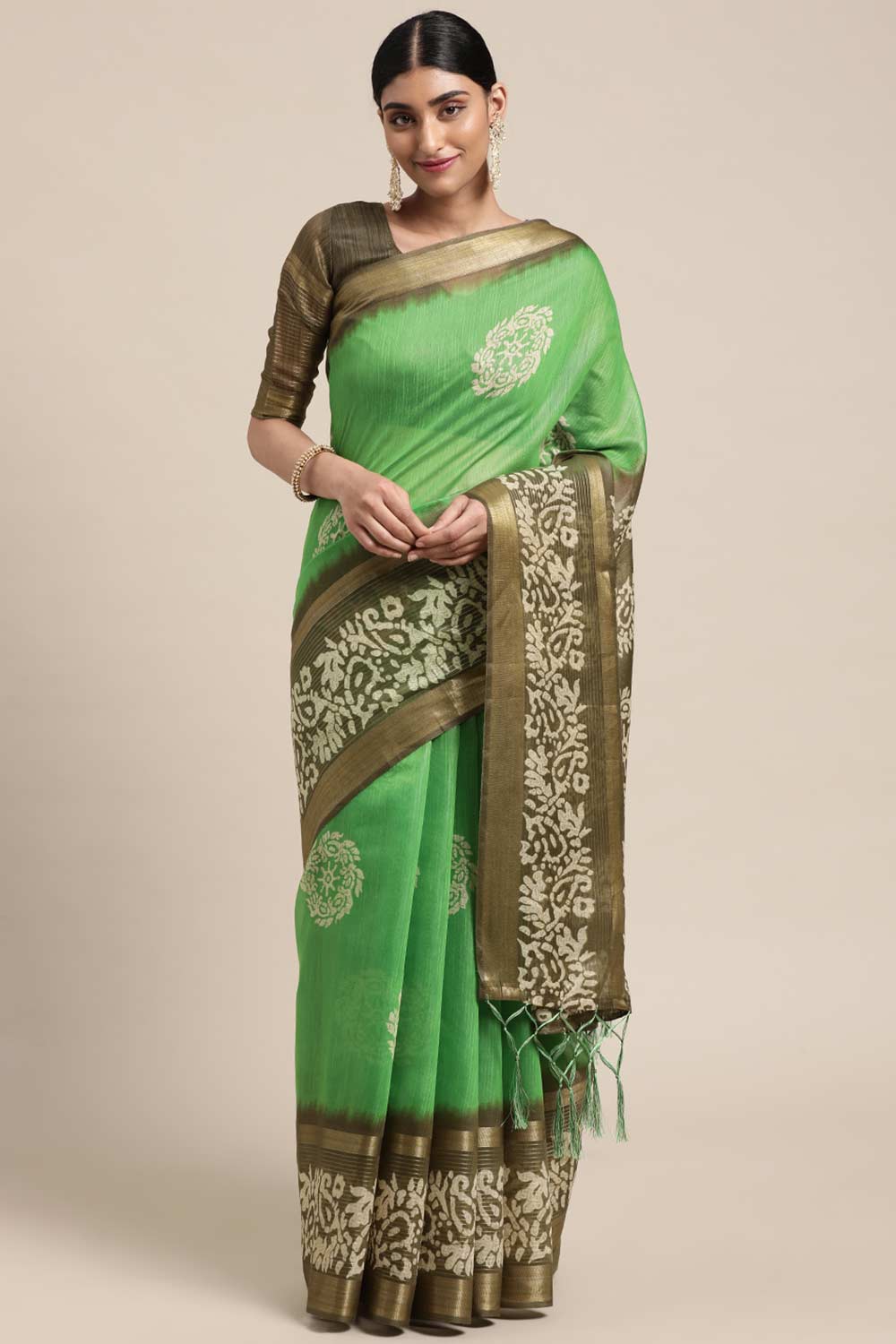 Buy Elise Green Linen Blend Floral Print Taant One Minute Saree Online - One Minute Saree