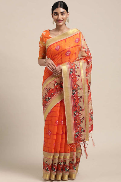 Buy Jyoti Orange Linen Blend Bandhani Print Taant One Minute Saree Online - One Minute Saree