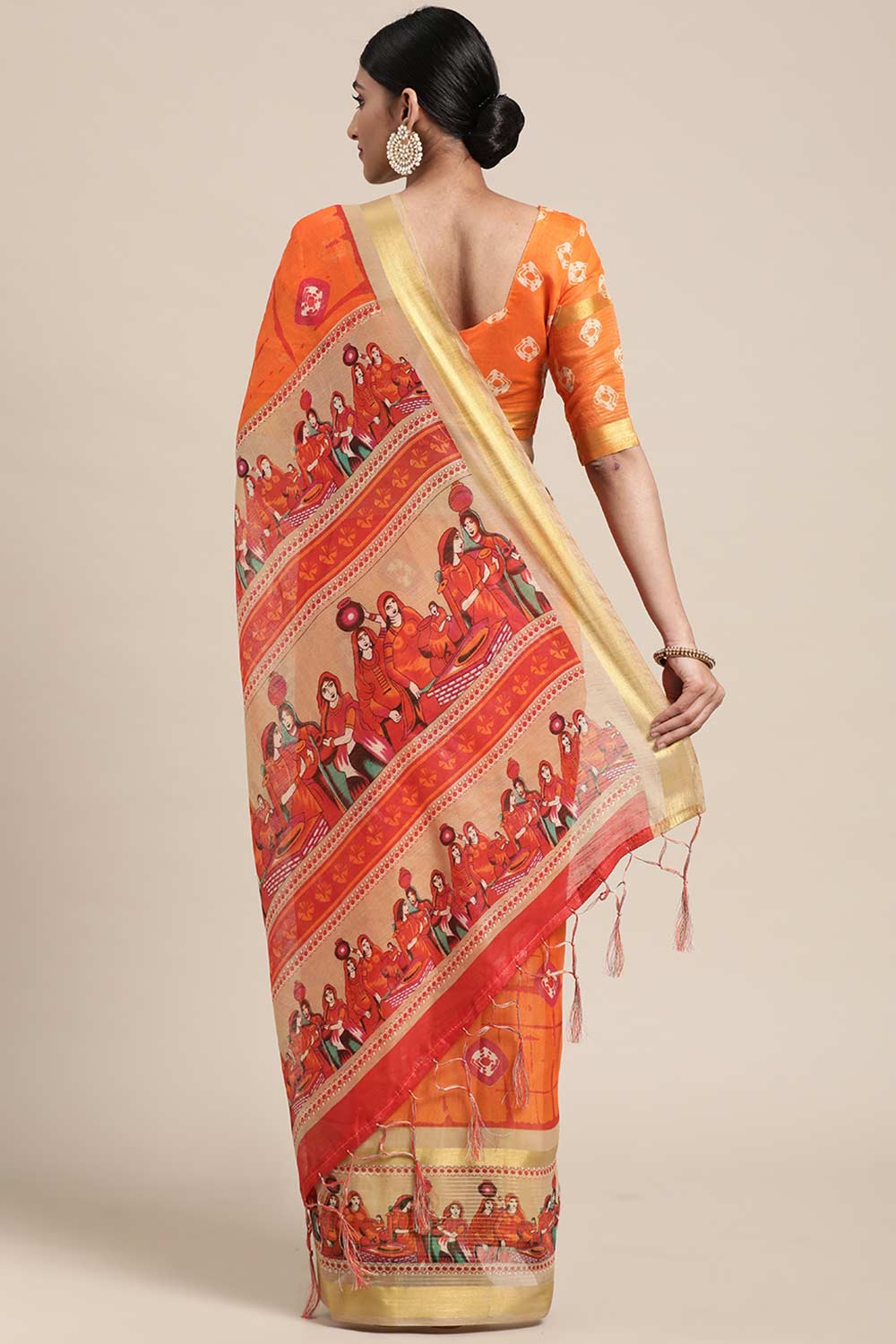 Shop Jyoti Orange Linen Blend Bandhani Print Taant One Minute Saree at best offer at our  Store - One Minute Saree