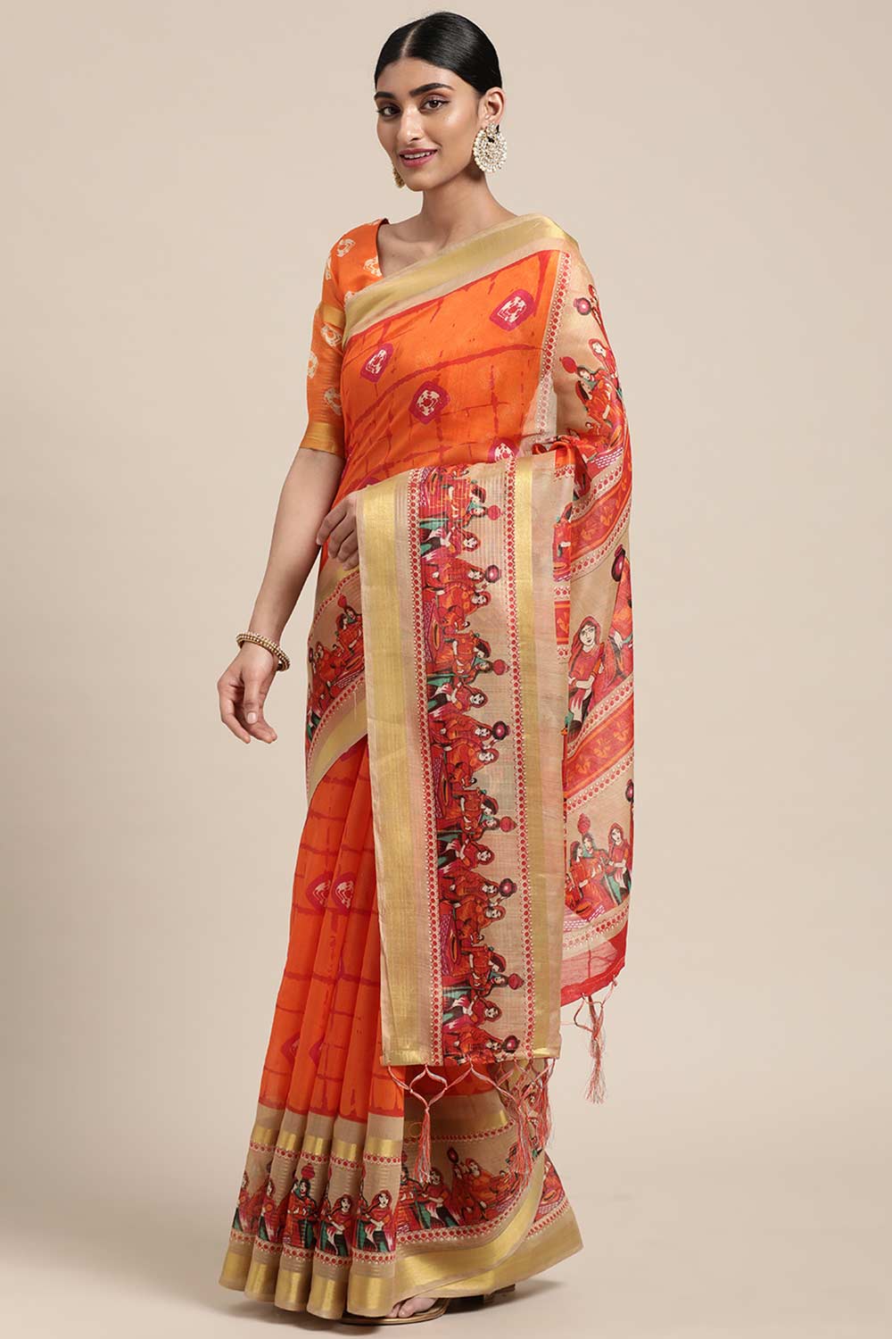Buy Jyoti Orange Linen Blend Bandhani Print Taant One Minute Saree Online