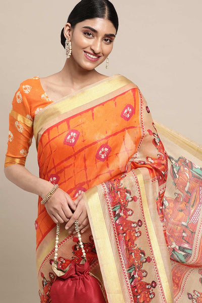 Buy Jyoti Orange Linen Blend Bandhani Print Taant One Minute Saree Online - Back