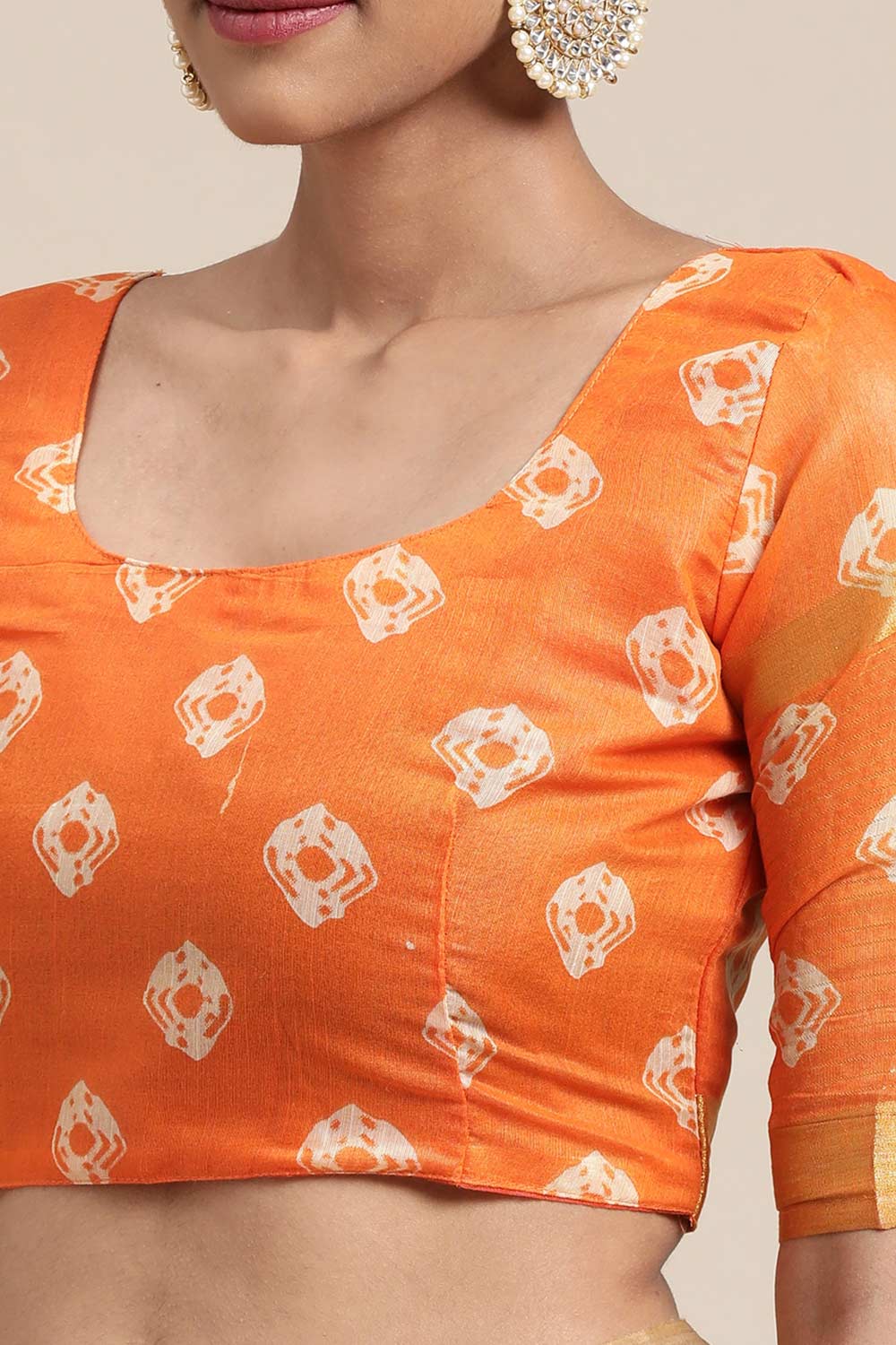 Buy Jyoti Orange Linen Blend Bandhani Print Taant One Minute Saree Online - Side