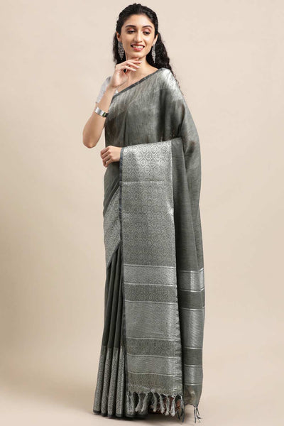 Buy Maya Grey Zari Woven Silk Blend One Minute Saree Online - One Minute Saree