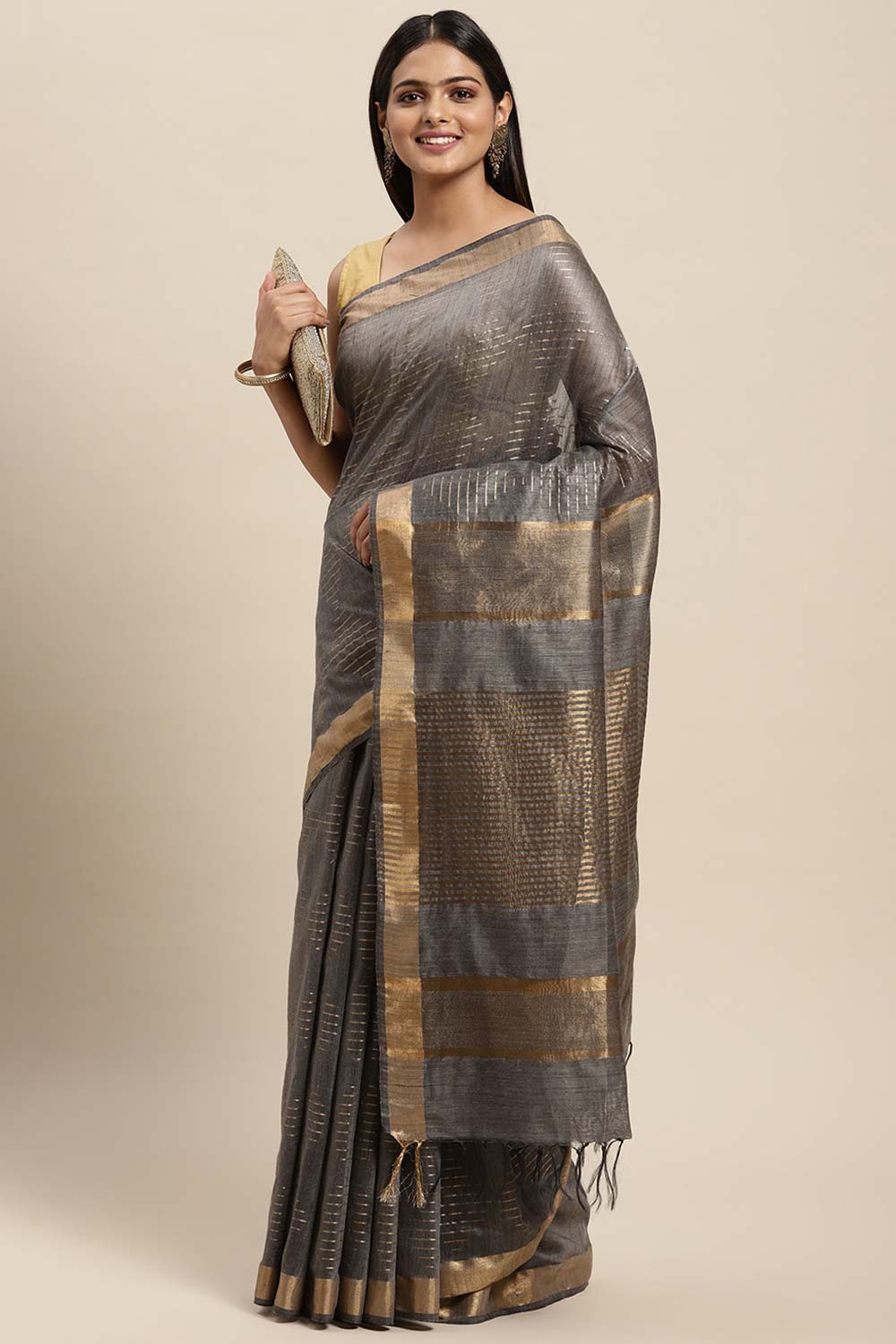 Buy Lori Grey Silk Blend Stripe One Minute Saree Online - One Minute Saree
