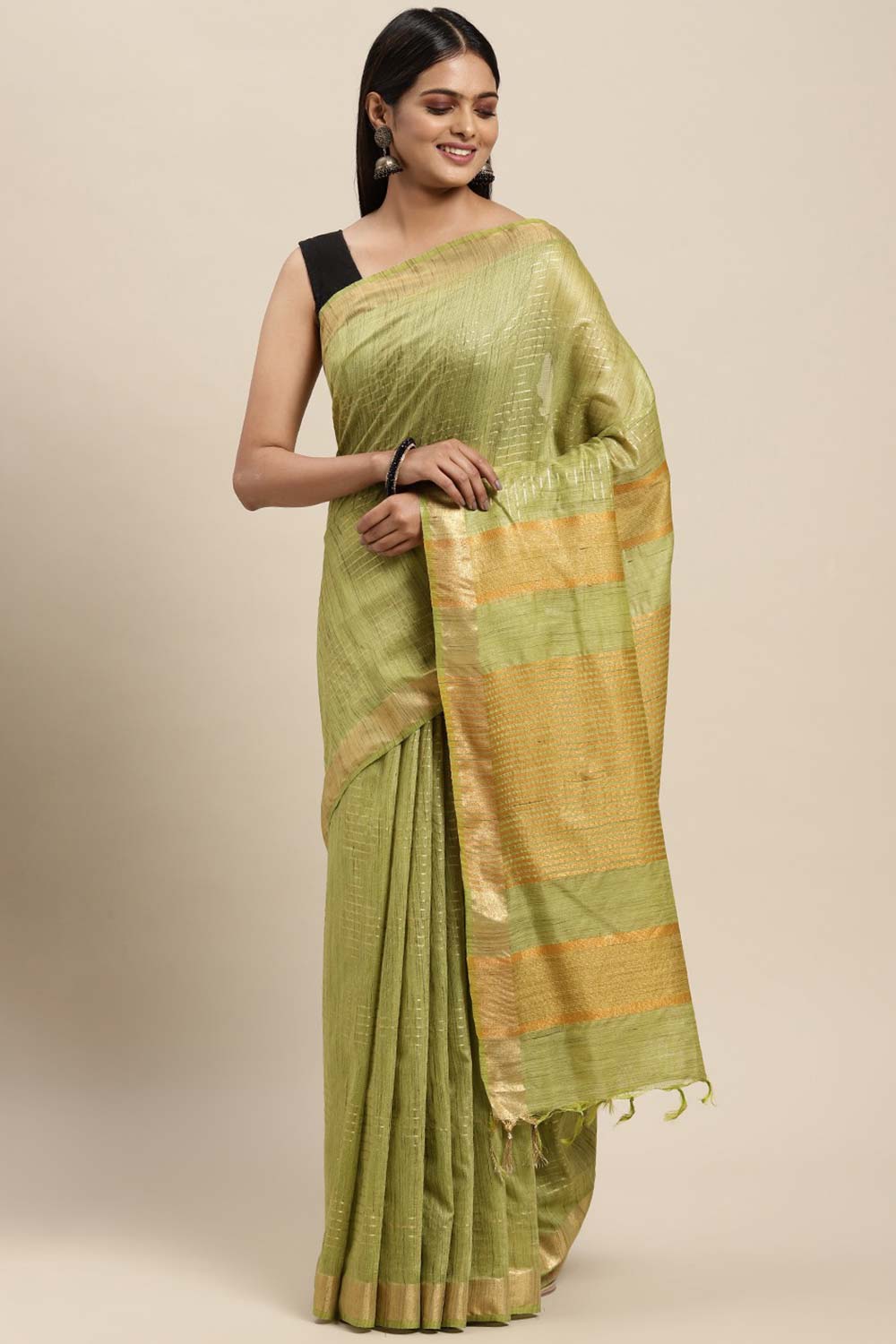 Buy Jenny Green Silk Blend Stripe One Minute Saree Online - One Minute Saree