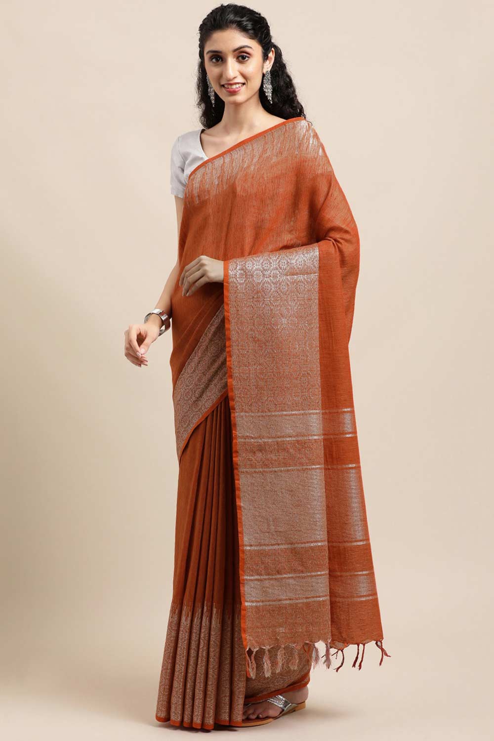 Buy Ronnie Rust Zari Woven Silk Blend One Minute Saree Online - One Minute Saree
