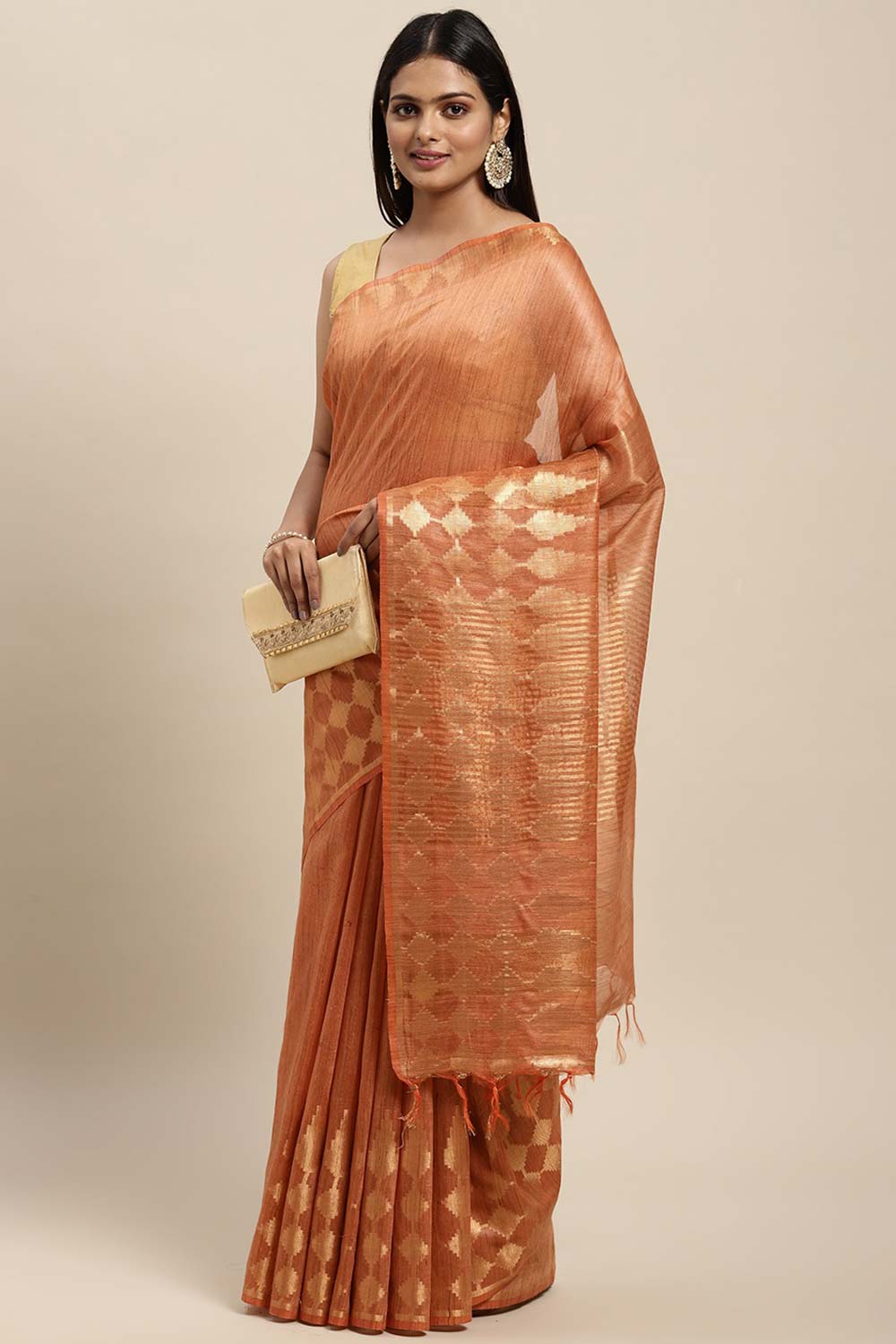 Buy Ana Orange Silk Blend Woven One Minute Saree Online - One Minute Saree