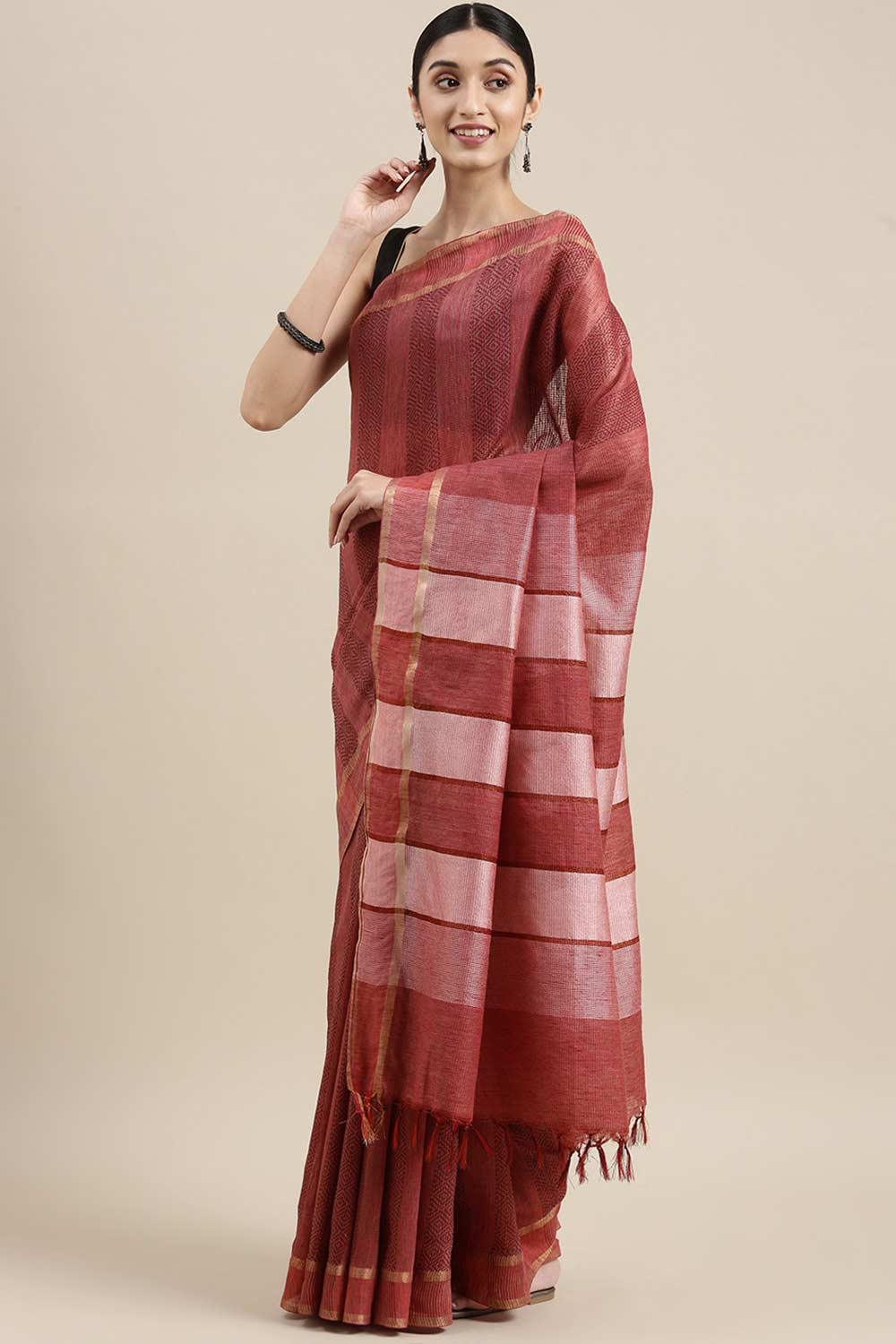 Buy Lopa Burgundy Zari Woven Silk Blend One Minute Saree Online - One Minute Saree