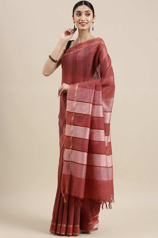 Buy Lopa Burgundy Zari Woven Silk Blend One Minute Saree Online - One Minute Saree