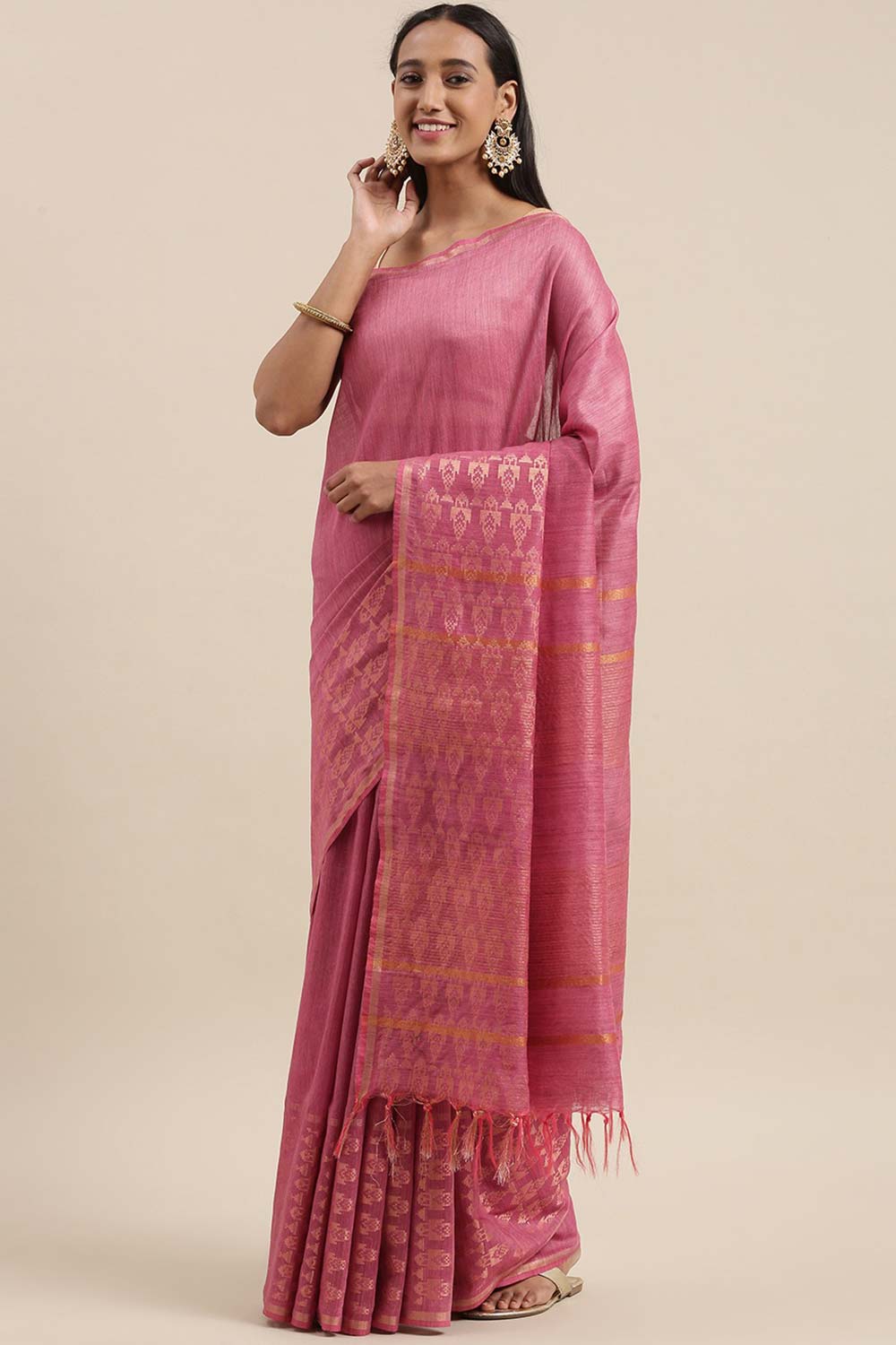 Buy Lana Pink Silk Blend Stripe One Minute Saree Online - One Minute Saree