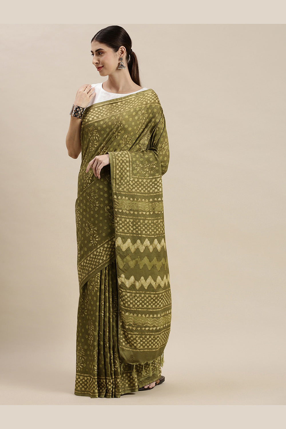 Buy Diana Green Batik Print, Polka Dot Art Silk One Minute Saree Online - One Minute Saree