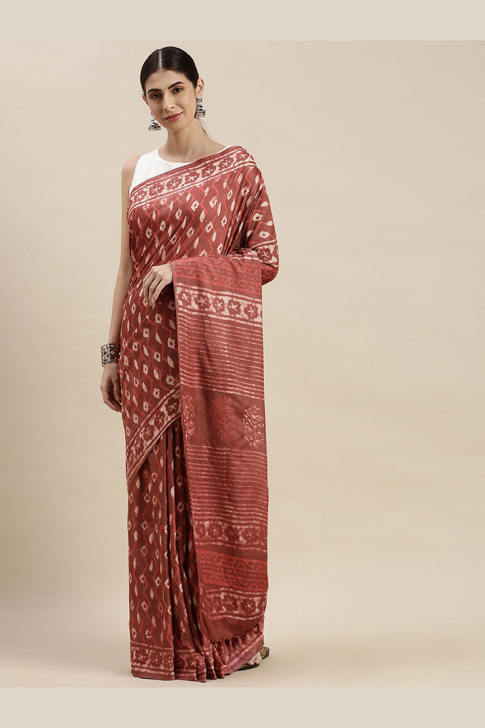 Buy Chloe Brown Batik Print Art Silk One Minute Saree Online - One Minute Saree