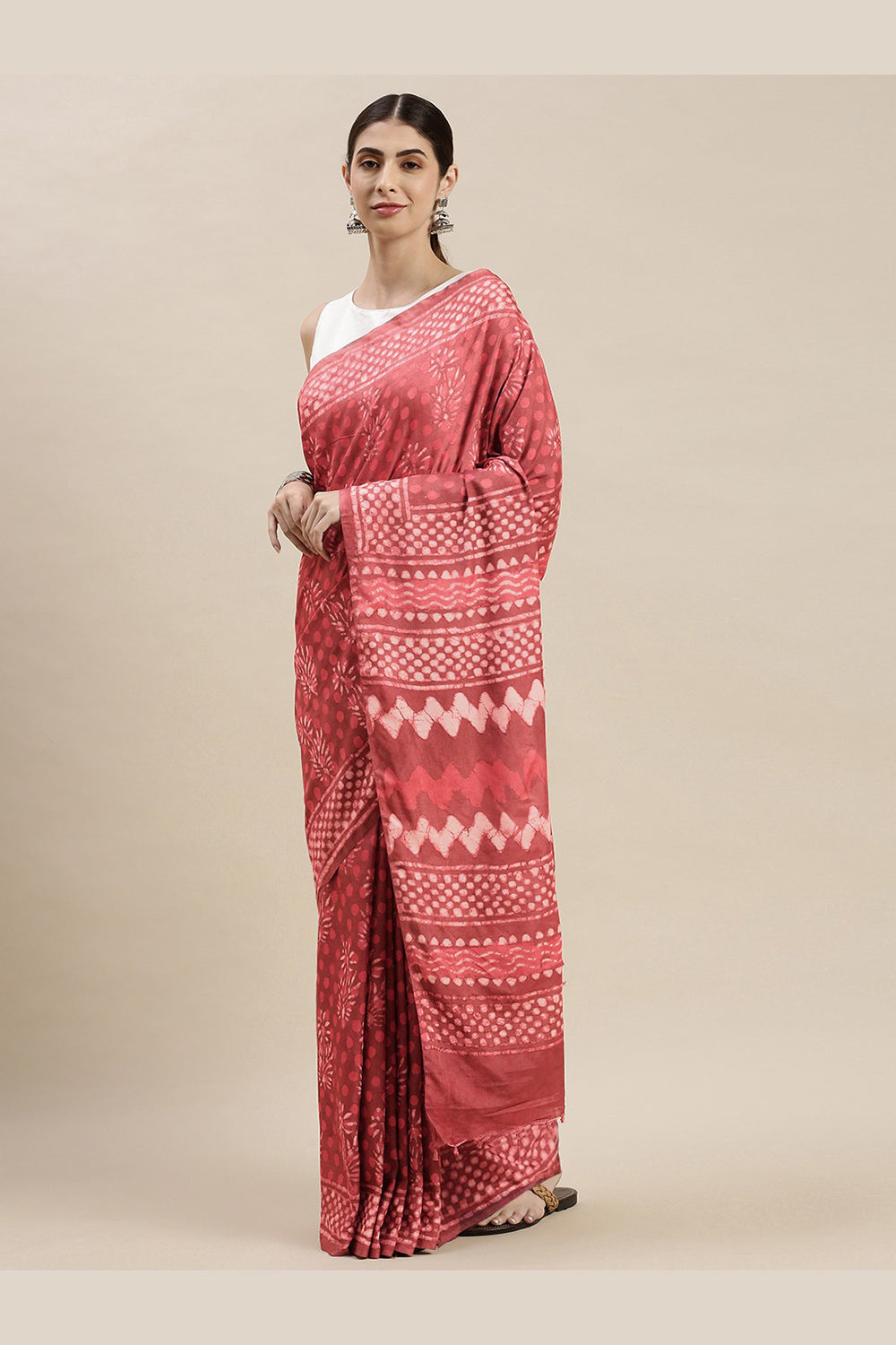 Buy Silia Pink Batik Print, Polka Dot Art Silk One Minute Saree Online - One Minute Saree
