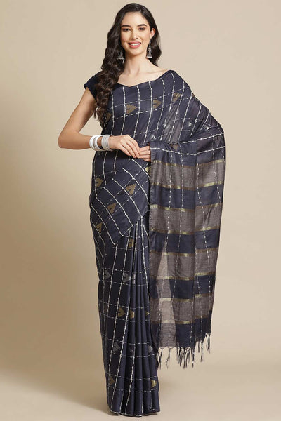 Buy Riya Navy Blue Zari Woven Blended Silk One Minute Saree Online - One Minute Saree