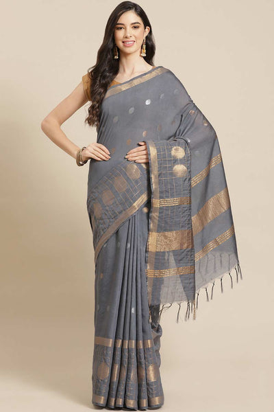 Buy Lina Grey Zari Woven Blended Silk One Minute Saree Online - One Minute Saree