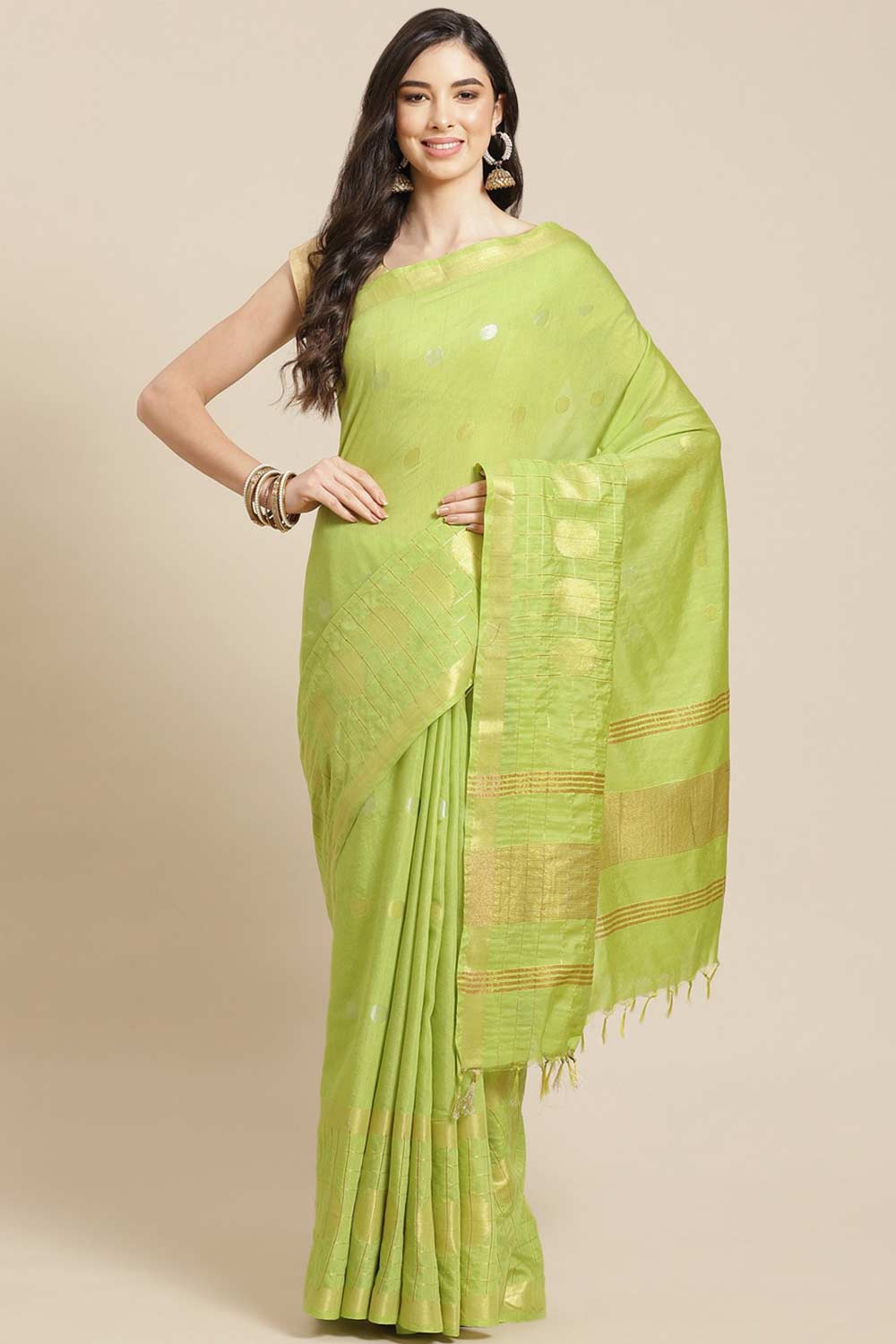 Buy Light Green Zari Woven Blended Silk One Minute Saree Online