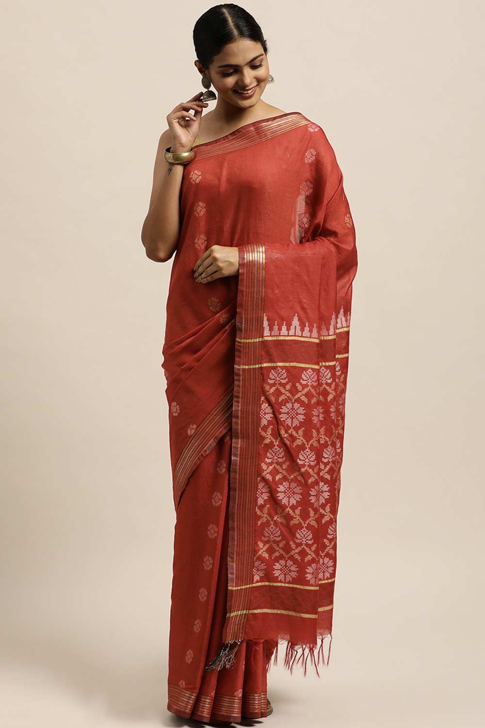 Buy Sheena Red Zari Woven Blended Silk One Minute Saree Online - One Minute Saree