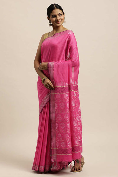 Buy Peppa Pink Zari Woven Blended Silk One Minute Saree Online - One Minute Saree