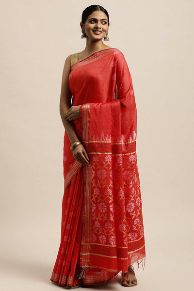 Buy Reena Red Zari Woven Blended Silk One Minute Saree Online - One Minute Saree