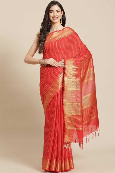 Buy Bella Red Zari Woven Blended Silk One Minute Saree Online - One Minute Saree
