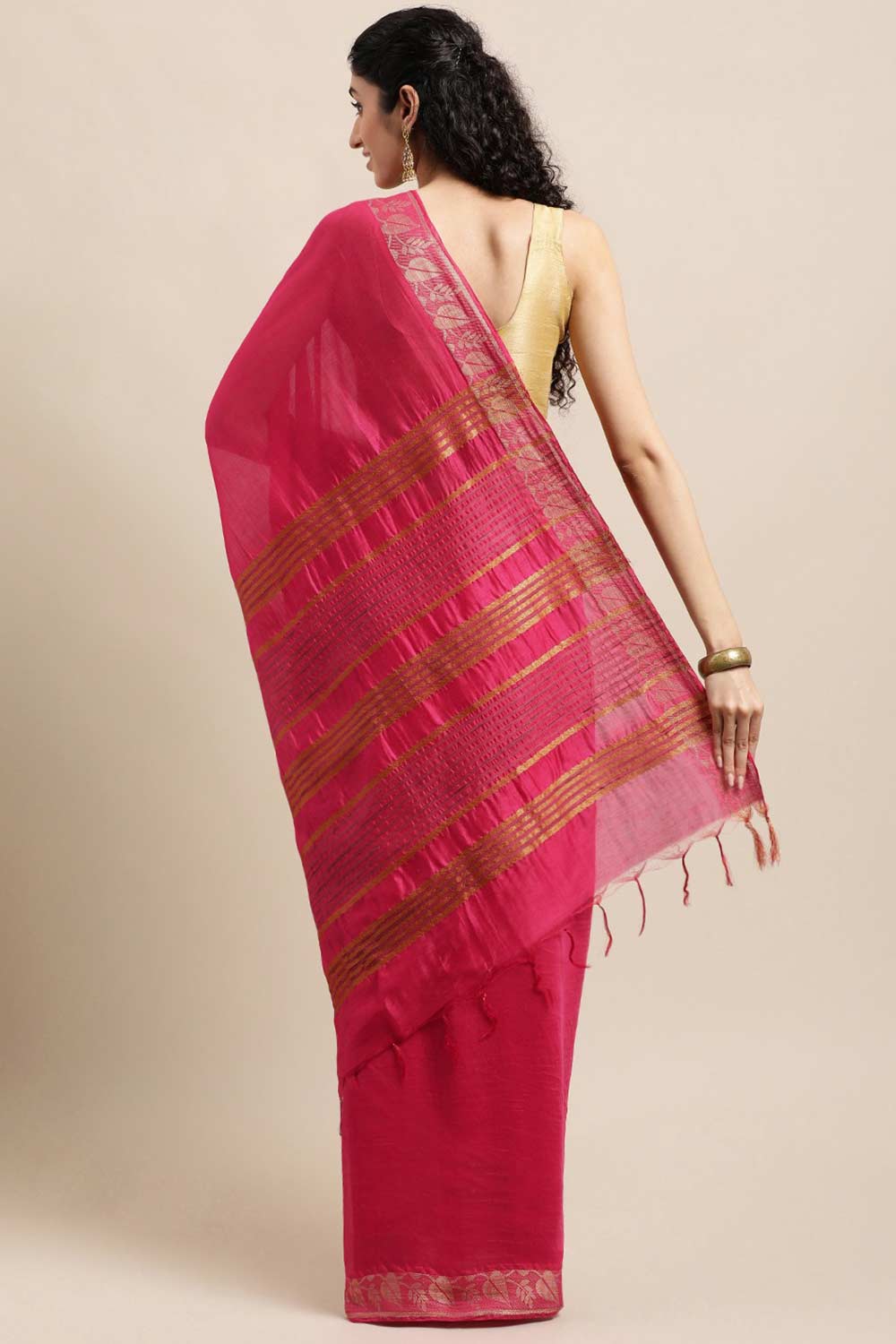 Buy Magenta Solid MODAL SILK One Minute Saree Online - Back