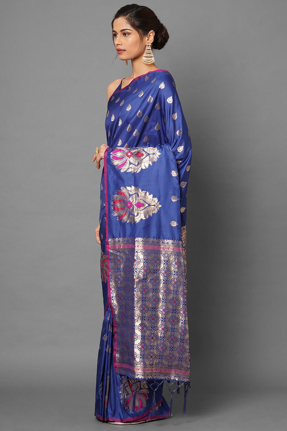 Buy Rekha Blue Woven Silk Blend One Minute Saree Online - Front