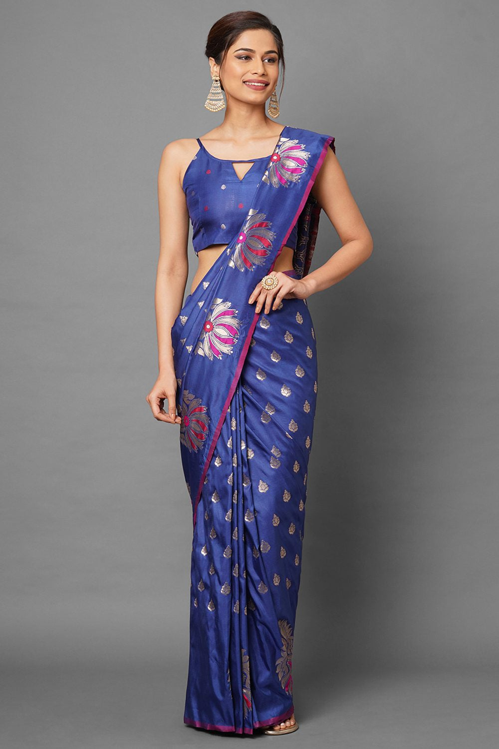 Buy Women's Blue Zari Silk Blend One Minute Saree