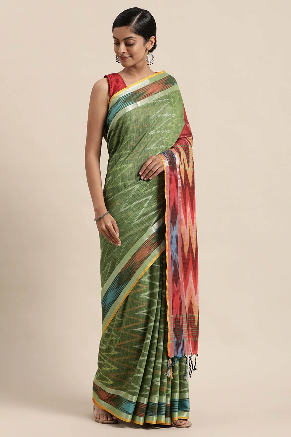 Buy Green Woven Linen One Minute Saree