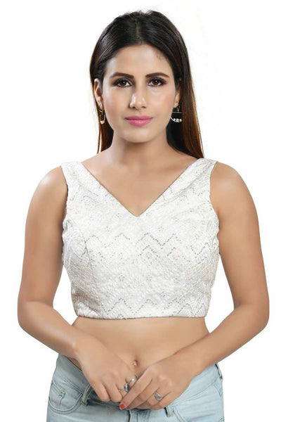 Buy Pari White Art Silk Embroidered Sleeveless Blouse Online - One Minute Saree