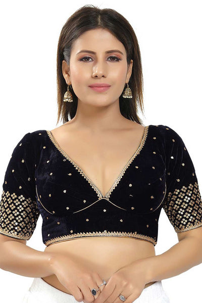 Buy Deepti Navy Blue Velvet Sequin Half Sleeve Blouse Online - One Minute Saree