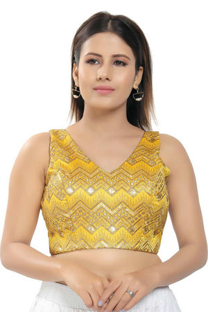 Buy Sakshi Yellow Art Silk Embroidered Sleeveless Blouse Online - One Minute Saree