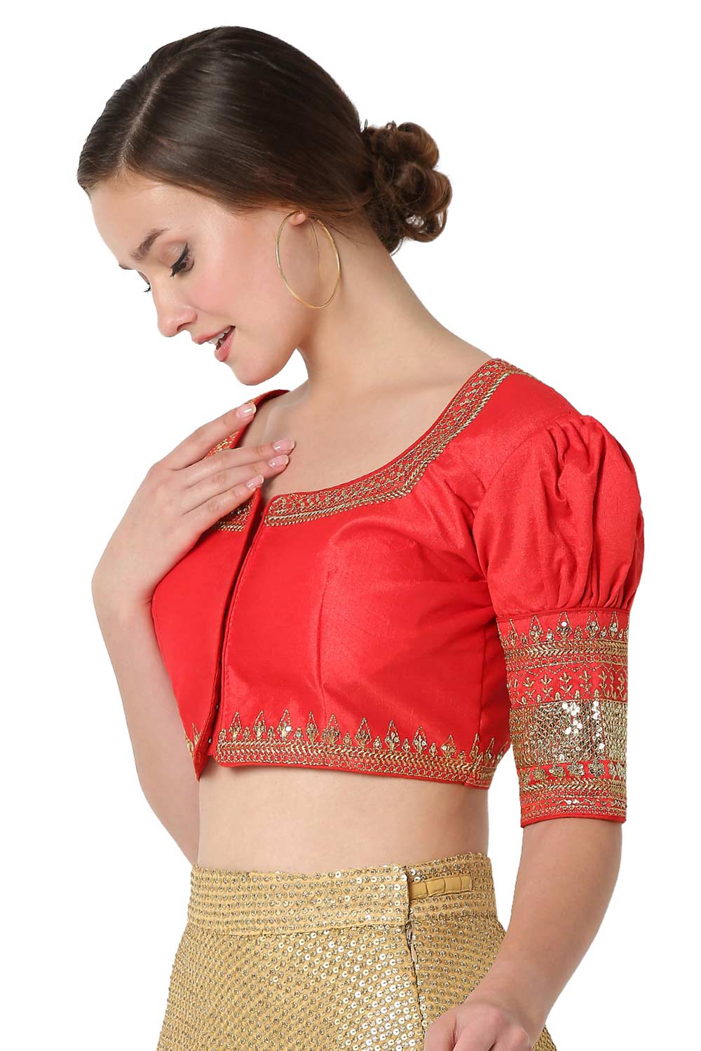 Buy Maria Red Cotton Silk Puff Sleeve Blouse Online