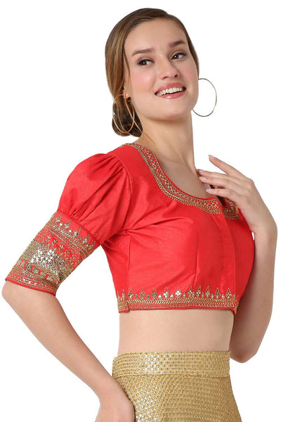 Buy Maria Red Cotton Silk Puff Sleeve Blouse Online - Back