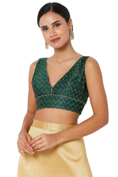 Buy Green Brocade Woven Design V-Neck Sleeveless Blouse Online - One Minute Saree