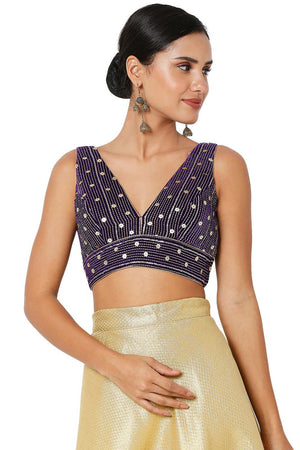 Buy Layla Velvet Embroidered V-Neck Sleeveless Blouse Online - One Minute Saree